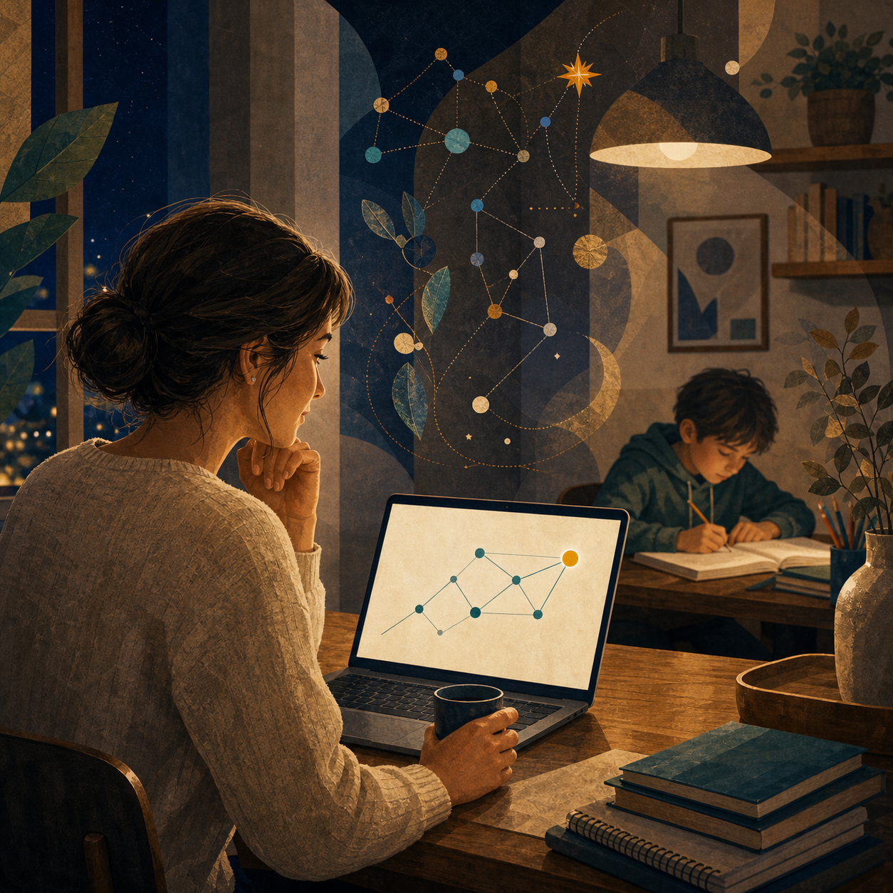 Illustration of a parent viewing a calm progress constellation while a child studies nearby.