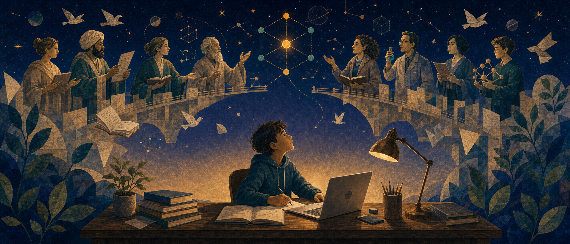 Wide illustration of a child studying beneath a symbolic bridge of mentors and idea constellations.